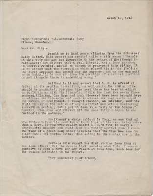 Letter from C. Mortimer Bezeau to William Lyon Mackenzie King, March 10, 1945