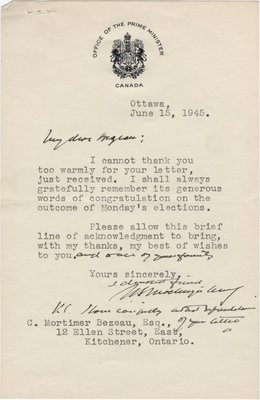 Letter from William Lyon Mackenzie King to C. Mortimer Bezeau, June 15, 1945