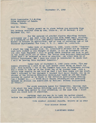 Letter from C. Mortimer Bezeau to William Lyon Mackenzie King, September 17, 1945