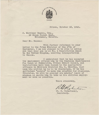 Letter from R. G. Robertson to C. Mortimer Bezeau, October 18, 1945