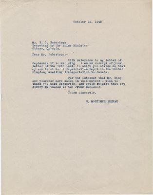 Letter from C. Mortimer Bezeau to R. G. Robertson, October 22, 1945