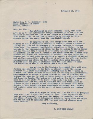 Letter from C. Mortimer Bezeau to William Lyon Mackenzie King, November 26, 1945