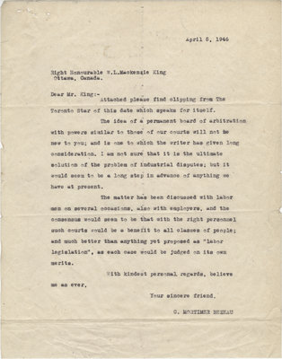 Letter from C. Mortimer Bezeau to William Lyon Mackenzie King, April 5, 1946
