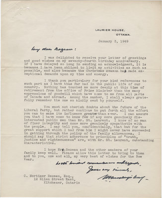 Letter from William Lyon Mackenzie King to C. Mortimer Bezeau, January 3, 1949