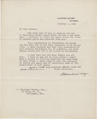 Letter from William Lyon Mackenzie King to C. Mortimer Bezeau, October 8, 1949