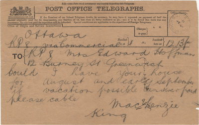 Telegram from William Lyon Mackenzie King to Mrs. C. E Hoffman, July 27, 1911