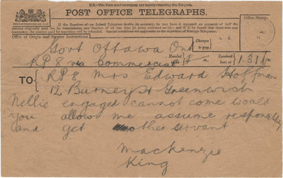 Telegram from William Lyon Mackenzie King to Mrs. C. E Hoffman, July 29, 1911