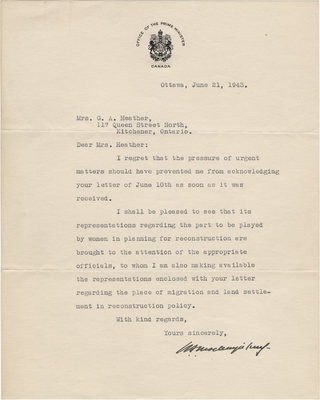 Letter from William Lyon Mackenzie King to Mrs. George A. Heather, June 21, 1943