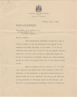 Letter from William Lyon Mackenzie King to N. W. Rowell, July 6, 1926