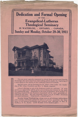 Dedication and formal opening of the Evangelical-Lutheran Theological Seminary in Waterloo, Ontario, Canada