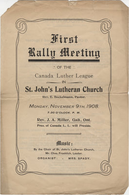 First rally meeting of the Canadian Lutheran League in St. John's Lutheran Church, 1908