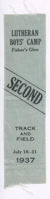 Second place ribbon, Track and Field, Lutheran Boys' Camp, 1937