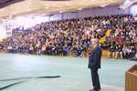 Robert Rosehart speaking to group of potential students at Laurier Day, 2002