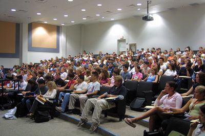 Students in Bricker Academic Building lecture hall, 2003