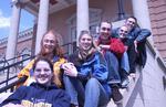 Students sitting on steps of Carnegie Building, 2002