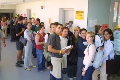 Students standing in line at One Card office, 2001