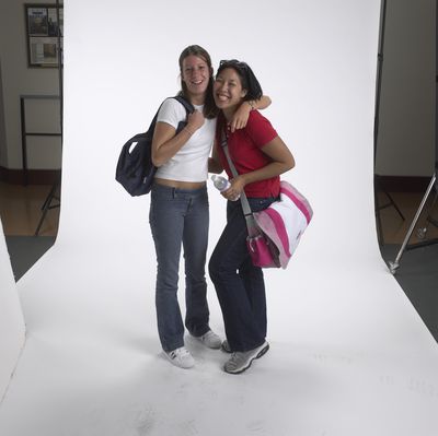 Two female students posing together Laurier Brantford, 2002