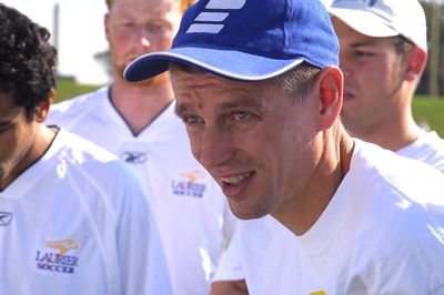 Soccer coach Mario Halapir during game, 2003