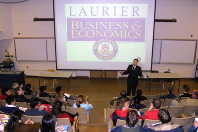 Scott Carson giving lecture at Wilfrid Laurier University spring open house, 2003