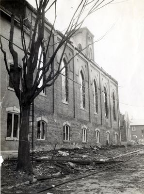 Exterior fire damage, St. John's Lutheran Church, Waterloo, Ontario