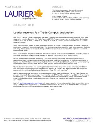 006-2017 : Laurier receives Fair Trade Campus designation