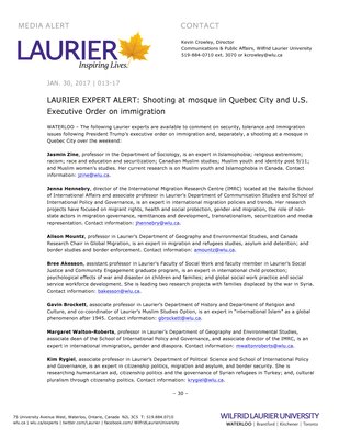 013-2017 : LAURIER EXPERT ALERT: Shooting at mosque in Quebec City and U.S. Executive Order on immigration