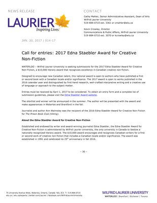 014-2017 : Call for entries: 2017 Edna Staebler Award for Creative Non-Fiction