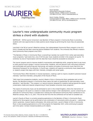 016-2017 : Laurier’s new undergraduate community music program strikes a chord with students