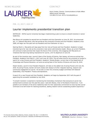 024-2017 : Laurier implements presidential transition plan