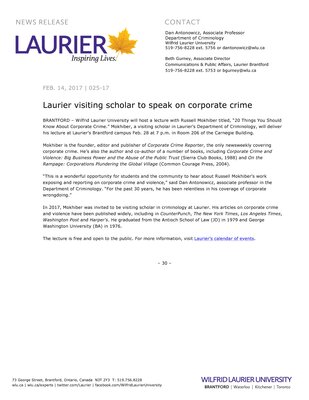 025-2017 : Laurier visiting scholar to speak on corporate crime