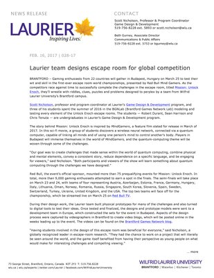 028-2017 : Laurier team designs escape room for global competition