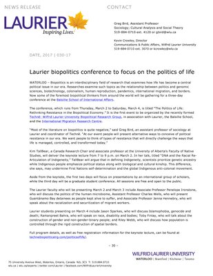 030-2017 : Laurier biopolitics conference to focus on the politics of life