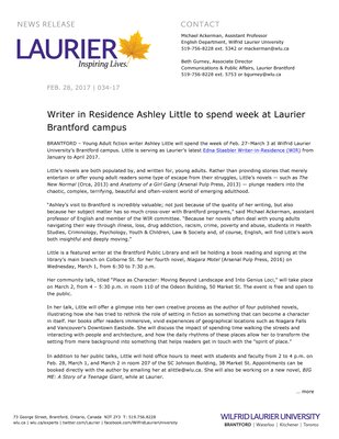 034-2017 : Writer in Residence Ashley Little to spend week at Laurier Brantford campus