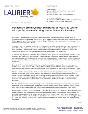 037-2017 : Penderecki String Quartet celebrates 25 years at Laurier with performance featuring pianist Janina Fialkowska