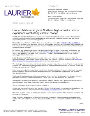 038-2017 : Laurier field course gives Northern high school students experience combatting climate change