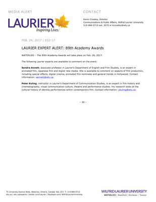 032-2017 : LAURIER EXPERT ALERT: 89th Academy Awards