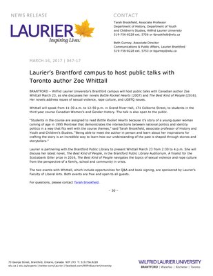 047-2017 : Laurier’s Brantford campus to host public talks with Toronto author Zoe Whittall