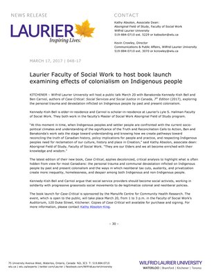 048-2017 : Laurier Faculty of Social Work to host book launch examining effects of colonialism on Indigenous people