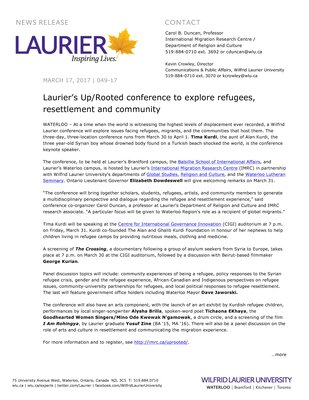 049-2017 : Laurier’s Up/Rooted conference to explore refugees, resettlement and community