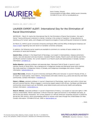 051-2017 : LAURIER EXPERT ALERT: International Day for the Elimination of Racial Discrimination