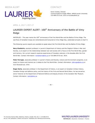 057-2017 : LAURIER EXPERT ALERT: 100th Anniversary of the Battle of Vimy Ridge