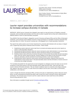 053-2017 : Laurier report provides universities with recommendations to increase campus diversity in Canada