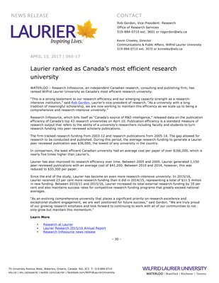 060-2017 : Laurier ranked as Canada’s most efficient research university