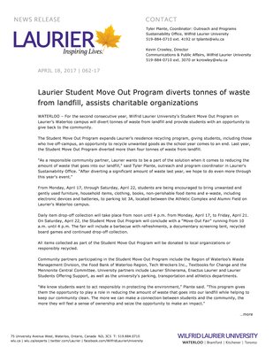 062-2017 : Laurier Student Move Out Program diverts tonnes of waste from landfill, assists charitable organizations