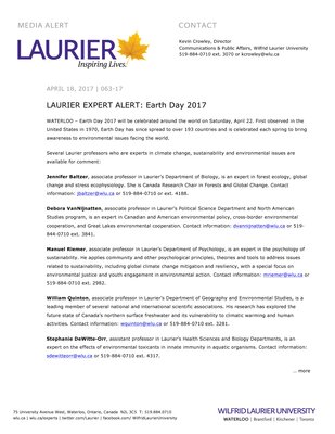 063-2017 : LAURIER EXPERT ALERT: Earth Day 2017