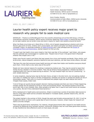 066-2017 : Laurier health policy expert receives major grant to research why people fail to seek medical care