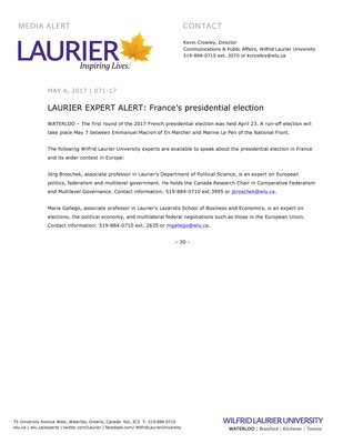 071-2017 : LAURIER EXPERT ALERT: France’s presidential election