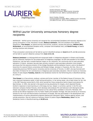 073-2017 : Wilfrid Laurier University announces honorary degree recipients