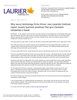 077-2017 : Why savvy technology firms thrive: new Lazaridis Institute report reveals business practices that give Canadian companies a boost