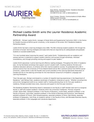 082-2017 : Michael Lisetto-Smith wins the Laurier Residence Academic Partnership Award